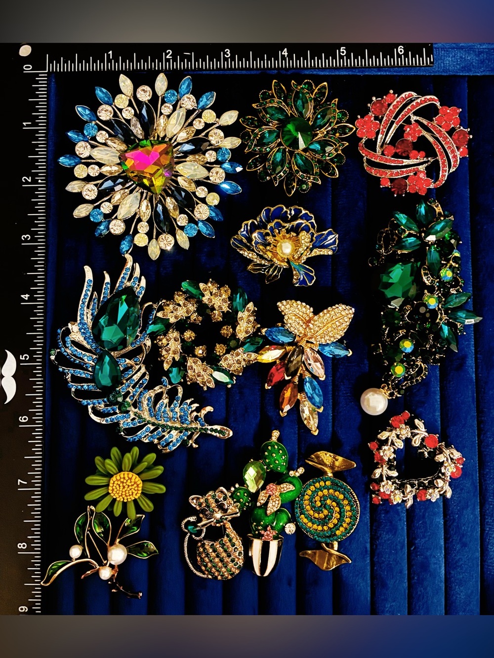 Lot 14 Red Green Statement Brooches Rhinestone Flower Feather Pin Set
